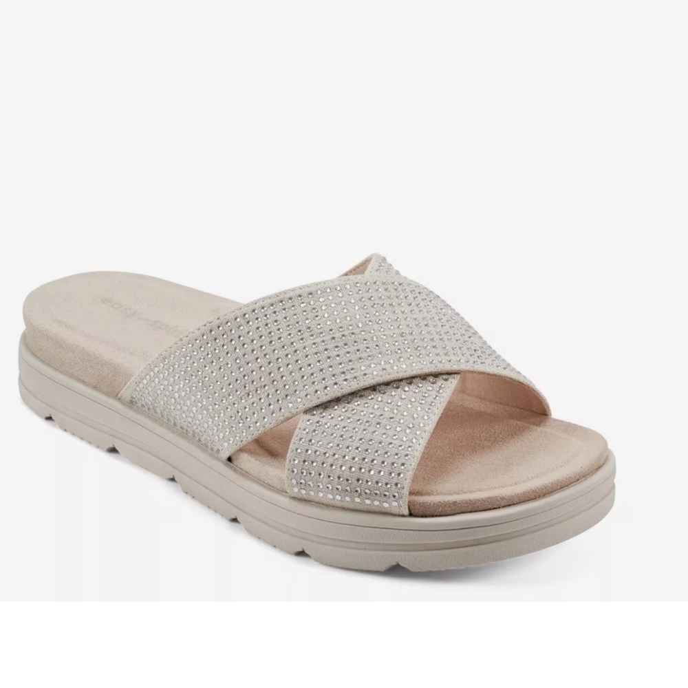 Easy Spirit Stacy platform sandal natural beige rhinestone embellishment 7.5